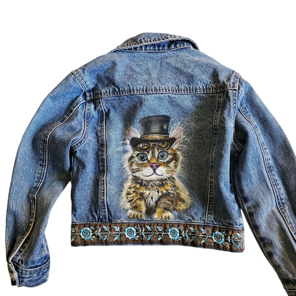 CHILD Denim Jean Jackwt With Sweet Handpainted Steampunk Kitten On The Back.